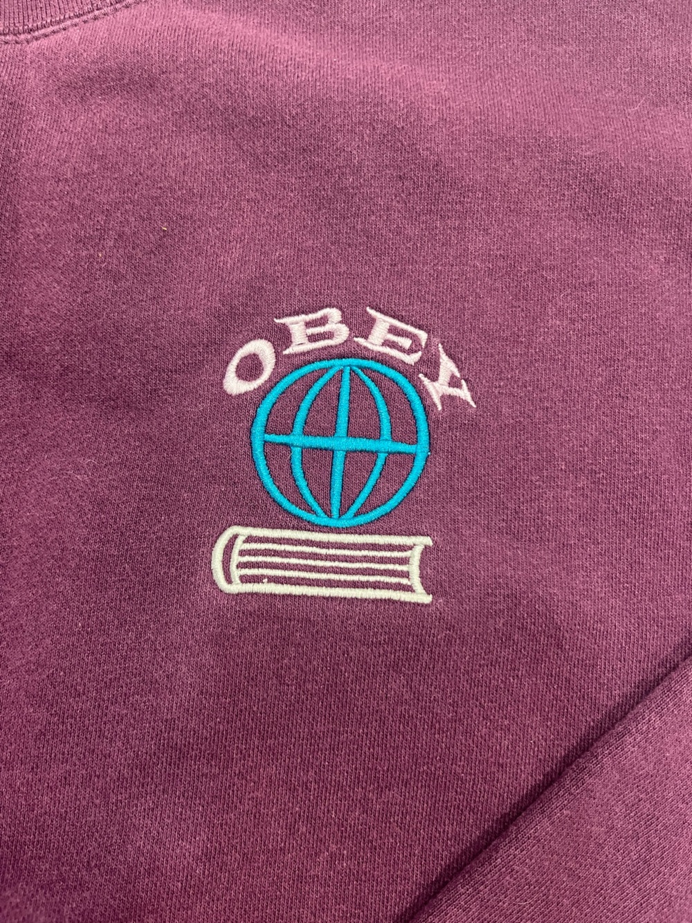 Obey Men's Crewneck Sweatshirt in Plum with Teal Globe Embroidery